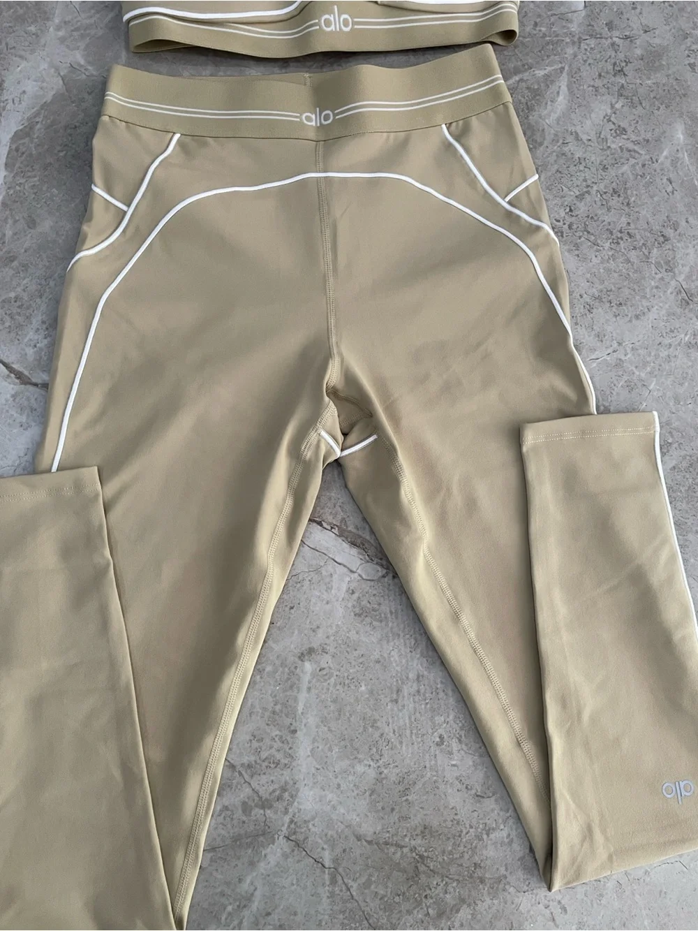 ALO Yoga Tan High-Rise Legging and Matching Bra Set with White Piping